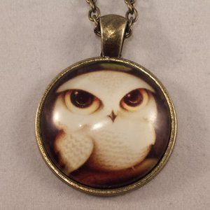 Gold Snowy White Owl Cabochon Pendant Necklace Party Gift